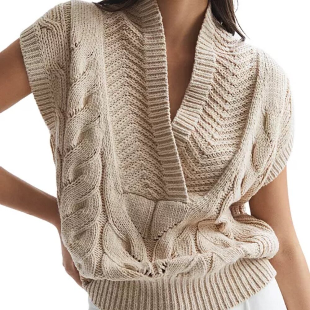 Reiss Cable Knit Sweater Vest in Natural, Size XS